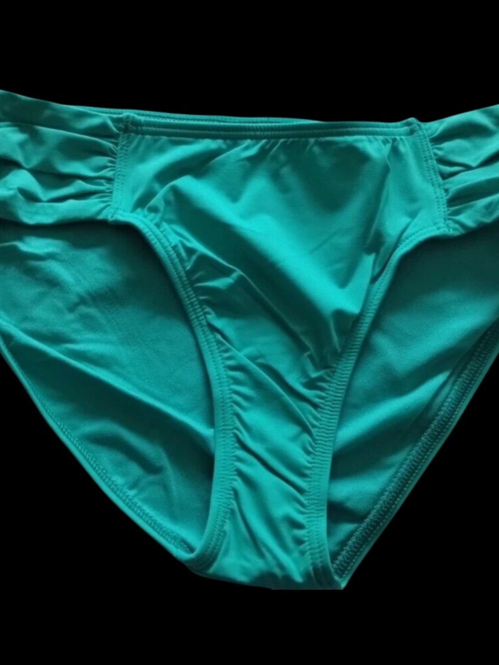 NWT 2Bamboo Women's Bikini Bottom Swimsuit Teal Turquoise Blue Ruched Shirred L